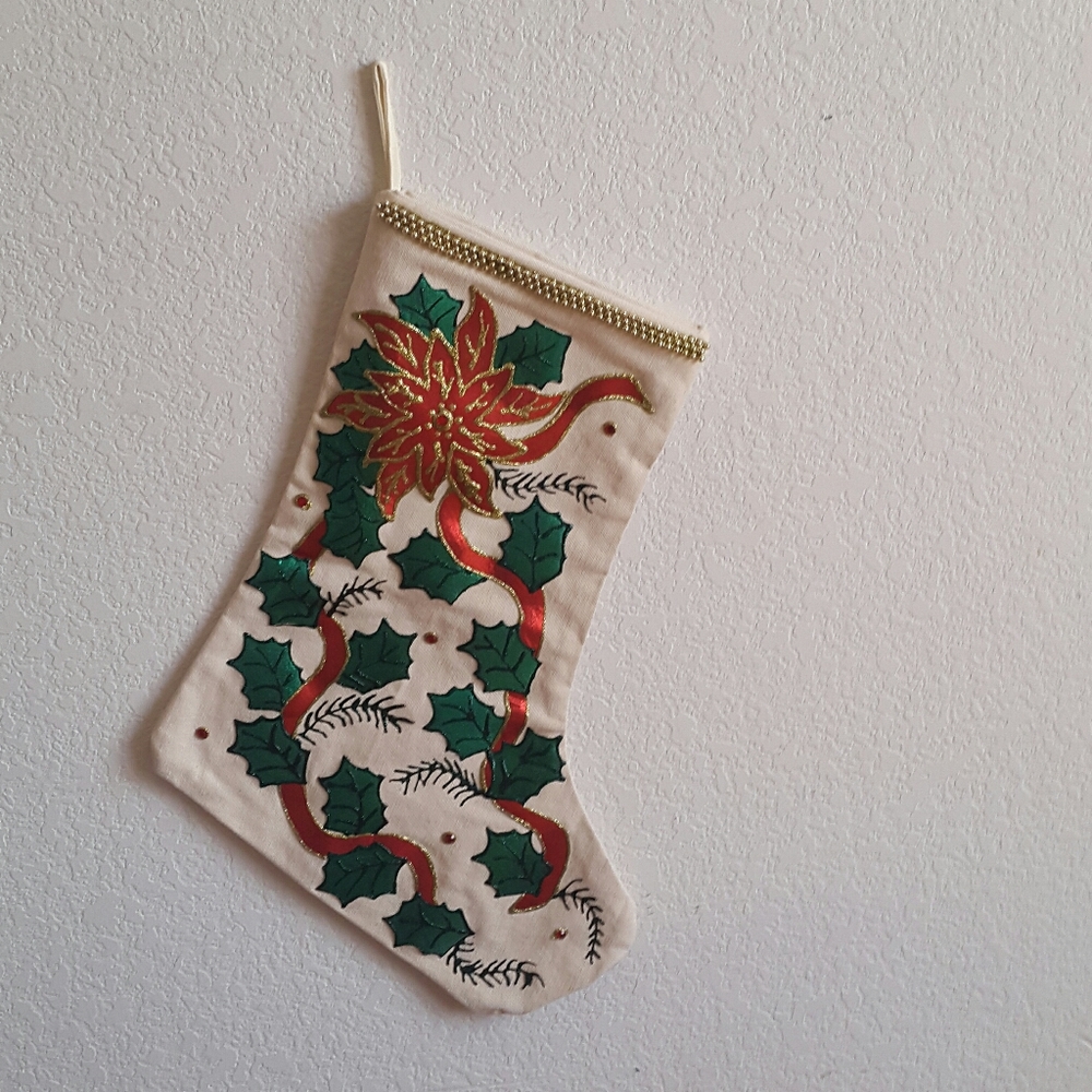 #82 Christmas Stocking Poinsettia Handmade Vintage 16" - Picture 2 of 4